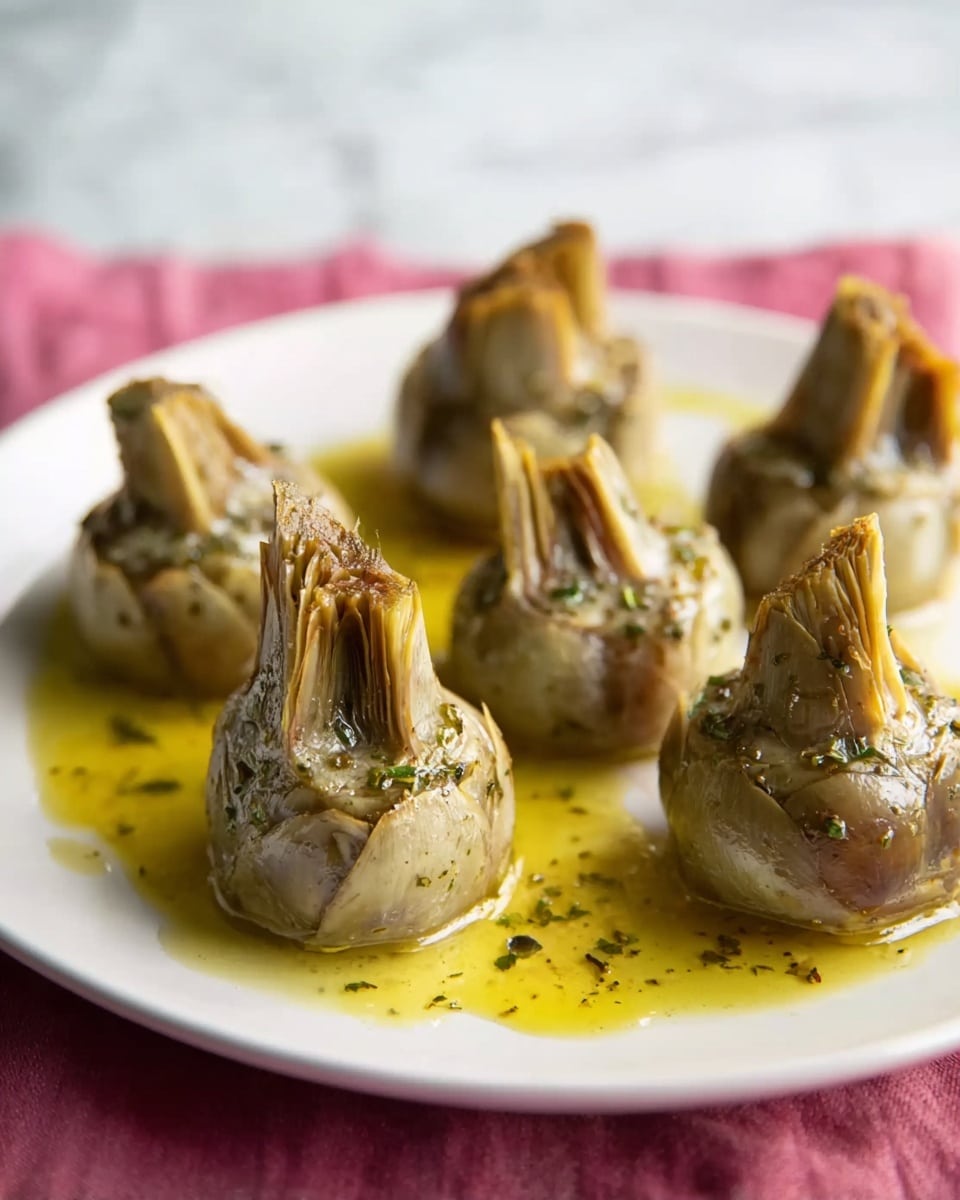 A white plate holds seven pieces of artichoke bottoms standing upright, each with a light, soft texture and pale greenish-gray color, their tops slightly darker with herb specks. The artichokes are covered in a shiny layer of golden olive oil that pools around them on the plate, with small bits of herbs floating in the oil. The plate sits on a pink cloth, all placed on a white marbled surface. The focus is close up on the artichokes, showing their details clearly. photo taken with an iphone --ar 4:5 --v 7