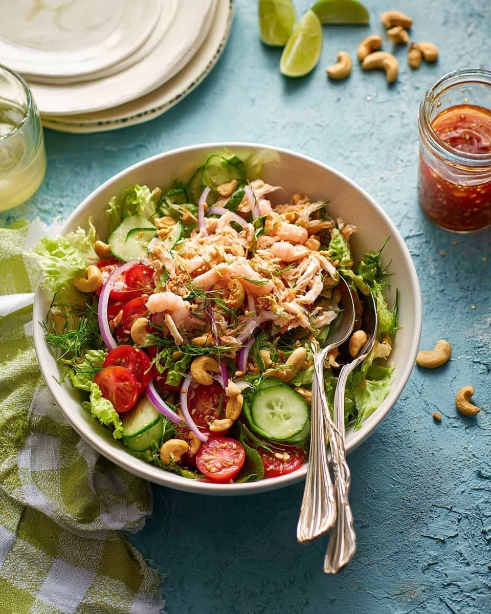 A white bowl holds a salad with several layers: the bottom layer is bright green leafy lettuce mixed with thin slices of cucumber and red onion, scattered with halved cherry tomatoes showing red and shiny textures. On top, there are small cooked shrimp mixed with light pink and white shredded chicken, sprinkled with whole cashew nuts in pale beige. The salad is mixed with fresh herbs and a light dressing with a slightly oily shine. Two silver spoons rest in the bowl on the right side. The bowl sits on a blue textured surface with a small glass jar of reddish dressing and some cashew nuts scattered nearby. In the background, there are stacked white plates, a white marbled cloth with a green checkered towel, and lime wedges. Photo taken with an iphone --ar 4:5 --v 7