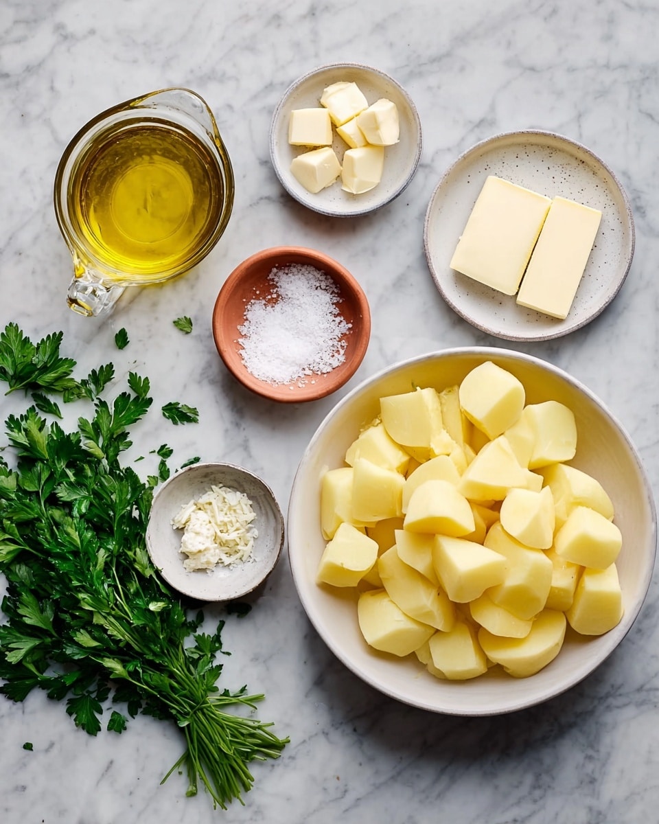 The image shows a collection of ingredients arranged on a white marbled surface. On the right, there is a large white bowl filled with peeled and chopped yellow potatoes, cut into large chunks. Near the center, a clear glass measuring cup holds golden olive oil. Surrounding these are small white bowls with butter sticks, peeled garlic cloves, and coarse salt, along with a small terracotta plate containing white powder, likely baking powder. Fresh green parsley sprigs are placed to the left, adding vibrant color to the scene. All items are neatly spaced and clearly visible. Photo taken with an iphone --ar 4:5 --v 7