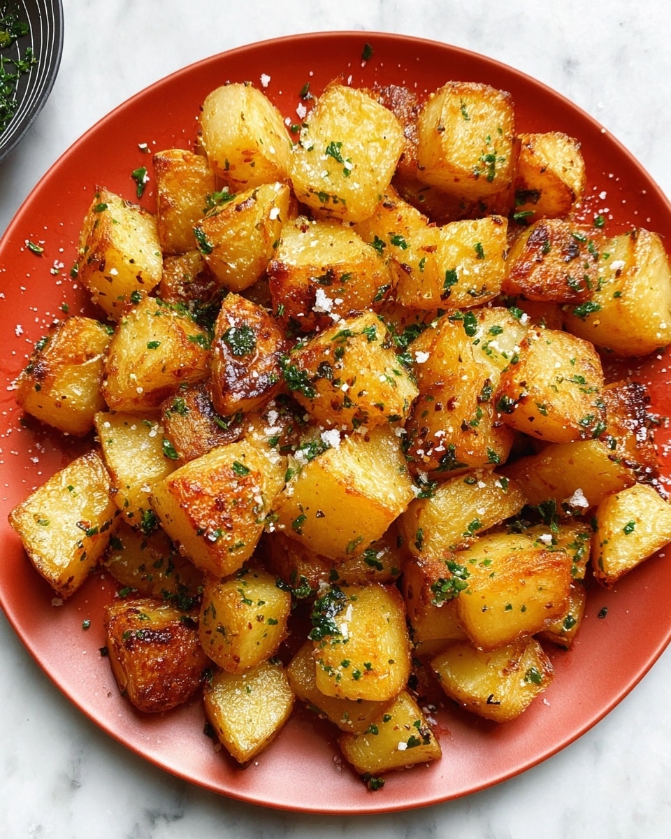 The image shows many small, golden brown roasted potato cubes with a crispy texture on the outside. Each cube has a slightly rough surface with some areas showing a darker, crispier crust. The potatoes are sprinkled with small green parsley flakes and coarse sea salt that shine under the light. They are all close together on a smooth white marbled surface that adds a clean contrast to the warm tones of the potatoes. Photo taken with an iphone --ar 4:5 --v 7