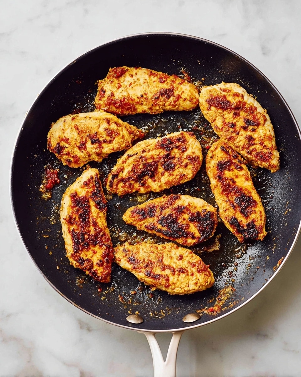 A black frying pan with a white handle sits on a white marbled surface, filled with seven pieces of cooked chicken tenderloin. The tenderloins are arranged in a loose circular pattern, showing a golden brown color with darker charred spots, giving a crispy texture. The pan itself has bits of cooked food stuck around the tenderloins, adding to the rustic cooking look. photo taken with an iphone --ar 4:5 --v 7