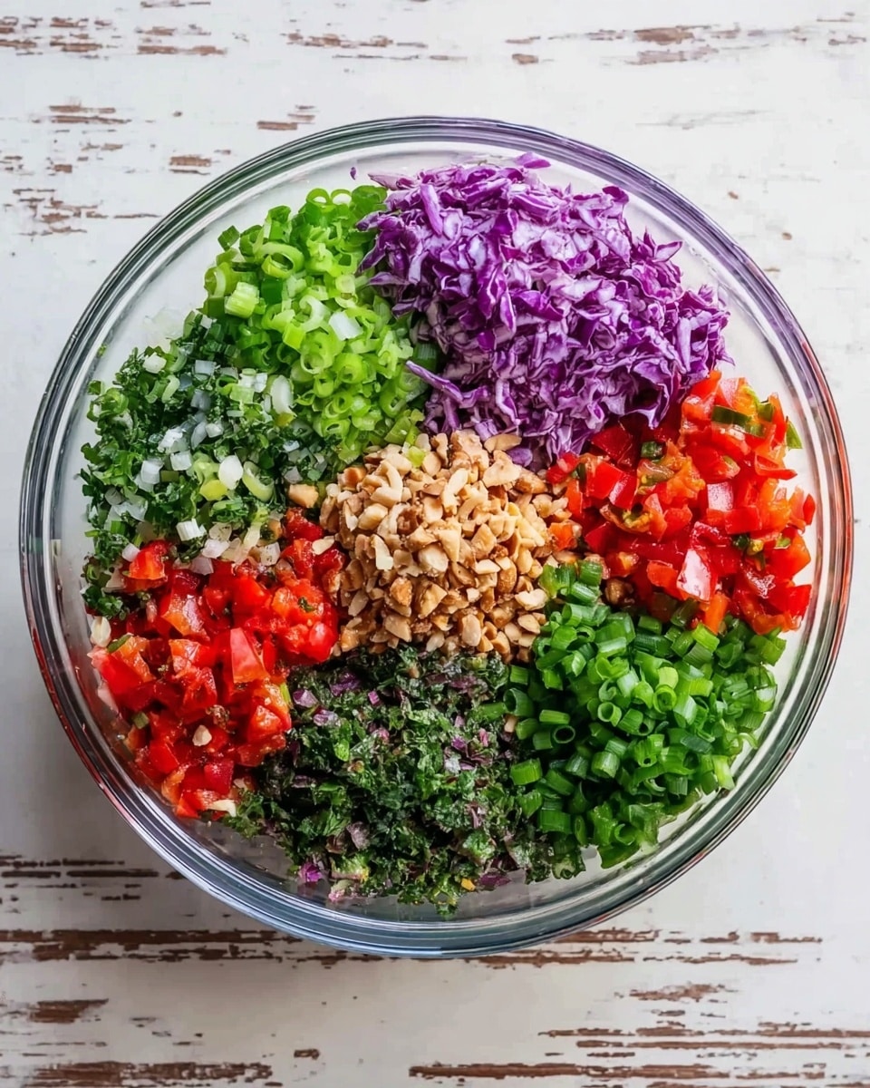 A clear glass bowl sits on a white marbled surface filled with seven different layers of chopped ingredients arranged in sections around the bowl. Starting from the top and moving clockwise, there is a bright green chopped herb layer, followed by a vivid purple shredded cabbage layer, then a mix of chopped green onions, a bright red diced pepper area, a dark green chopped herb region, a pile of finely chopped nuts at the center, and a small section of diced red tomatoes, creating a colorful and textured mix photo taken with an iphone --ar 4:5 --v 7
