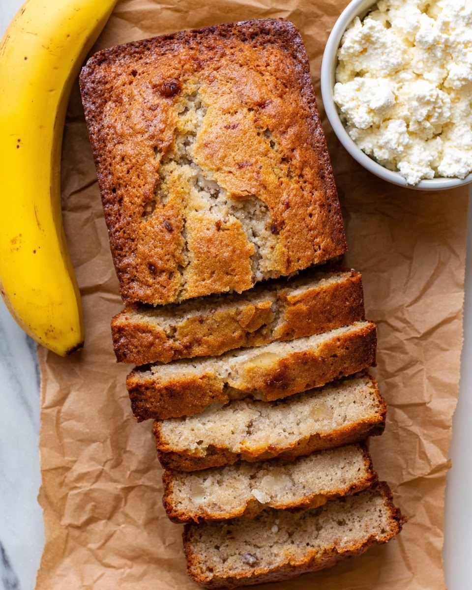 The image shows a close-up of a loaf of banana bread sliced into pieces. The bread has a light brown color with small darker specks spread evenly inside, showing its moist and dense texture. The top crust is a slightly darker golden brown with a shiny finish, and the slices are thick, showing the soft crumb inside. The loaf is placed on a piece of parchment paper over a white marbled surface. Photo taken with an iphone --ar 4:5 --v 7