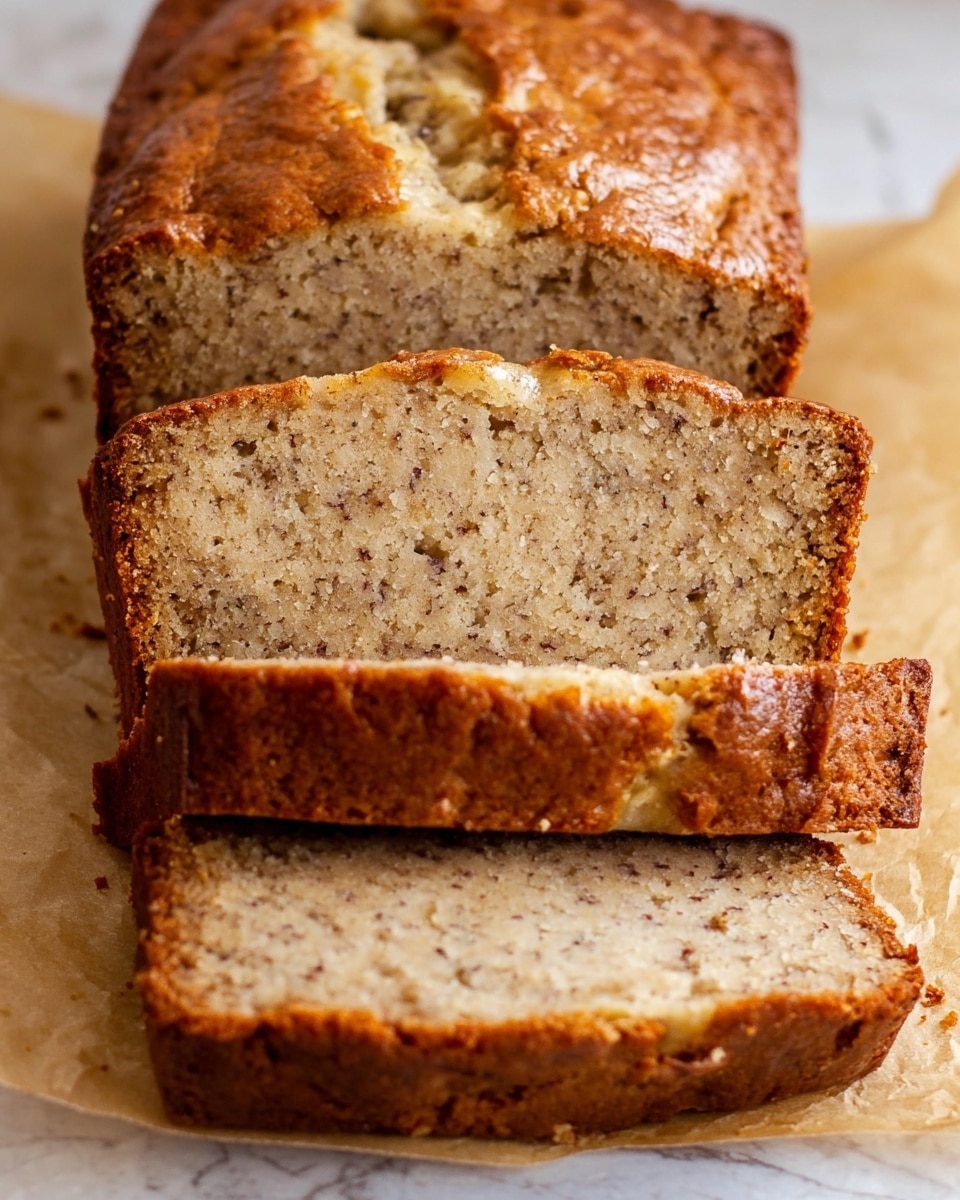 A loaf of banana bread sliced into seven thick pieces is placed on a sheet of brown parchment paper, showing a golden-brown, textured crust on top and a soft, light brown inside with small bits of banana visible. To the left of the loaf, there is a whole yellow banana with some dark spots on the peel. On the right side, a white bowl filled with cottage cheese is partially visible. The background is a white marbled texture. photo taken with an iphone --ar 4:5 --v 7