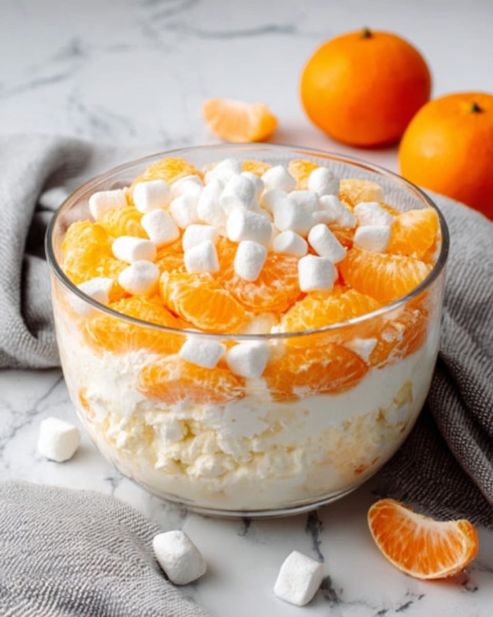 A close-up view of a spoon holding a creamy, fluffy orange salad with soft texture, mixed with small orange fruit pieces and white mini marshmallows scattered on top, with a single bright orange fruit segment prominently sitting on the upper middle of the salad. The background shows a soft white marbled texture with an out-of-focus orange and a white bowl. Photo taken with an iphone --ar 4:5 --v 7
