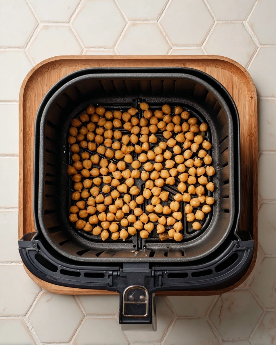Inside a black air fryer basket, there is a single layer of small, round, golden-yellow chickpeas spread evenly across the bottom. The basket has a textured, grill-like surface with curved and straight lines. The air fryer sits on a wooden tray which rests on a white marbled surface. The background shows pale hexagonal tiles in soft beige tones. Photo taken with an iphone --ar 4:5 --v 7
