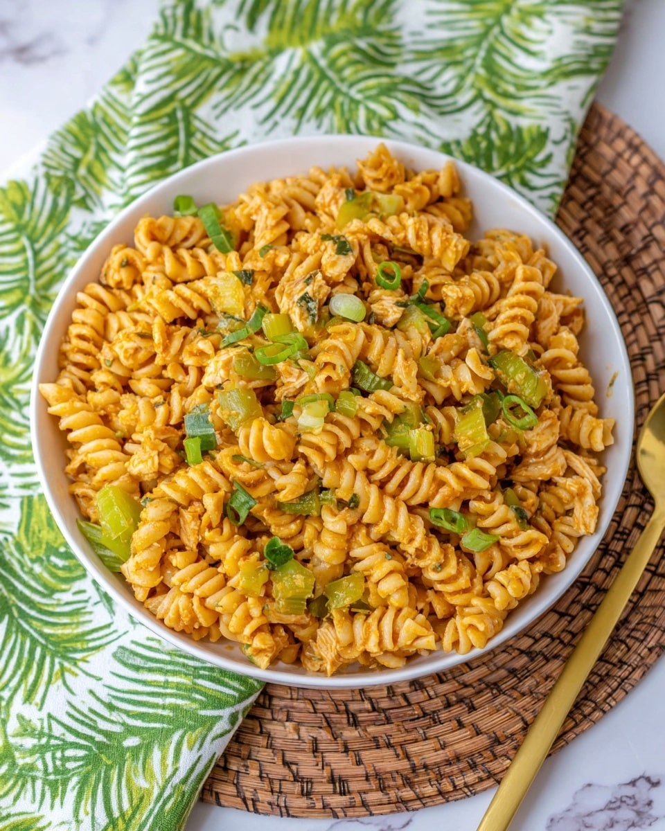 A white bowl full of twisted spiral pasta with an orange sauce covers the whole bowl, mixed with light green celery slices and small pieces of cooked chicken with a light brown color. Green onion bits are scattered on top, adding bright green spots across the dish. The bowl sits on a green and white striped cloth with leaf patterns, placed over a woven brown mat on a white marbled surface. A gold spoon lies next to the bowl on the cloth. Photo taken with an iphone --ar 4:5 --v 7