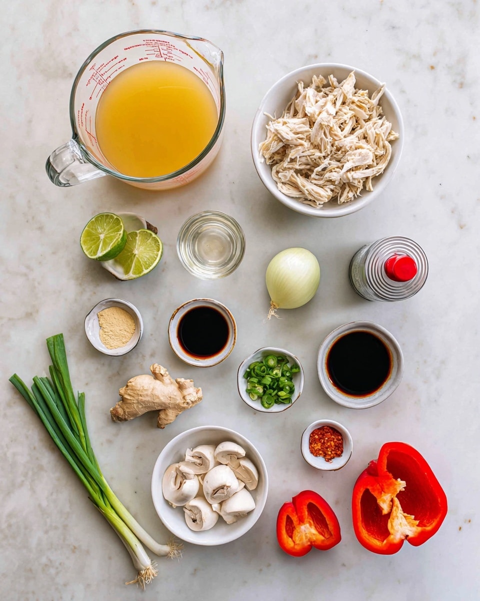 The image shows a top view of various cooking ingredients arranged on a white marbled surface. There is a large clear glass measuring cup filled with light yellow broth on the top left, next to a white bowl with shredded light brown chicken pieces on the top right. Between them are small dishes containing minced garlic and fresh herbs with lime wedges. There are two halves of a white onion beside a small clear glass of liquid. Near the bottom left, there are green onions, a white bowl filled with sliced white mushrooms, and fresh ginger root. Two halves of a bright red bell pepper are placed on the bottom right. Small bowls and containers hold light beige powder, deep red paste, soy sauce with a red cap, and two cans of coconut milk. photo taken with an iphone --ar 4:5 --v 7