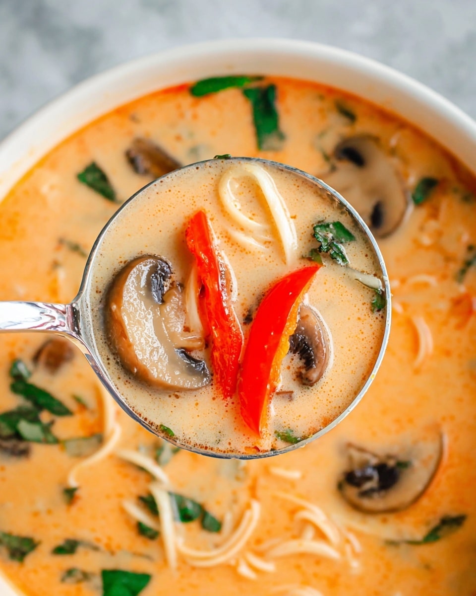 A close-up of a silver ladle holding creamy light orange soup with visible layers inside: a bright orange red chili slice on top, beige mushroom pieces underneath, thin white noodle strands, and small green herb pieces scattered all around. The soup in the ladle shows a smooth and slightly thick texture. The background is the same soup with mushroom slices and green herbs floating on a white marbled surface. Photo taken with an iphone --ar 4:5 --v 7