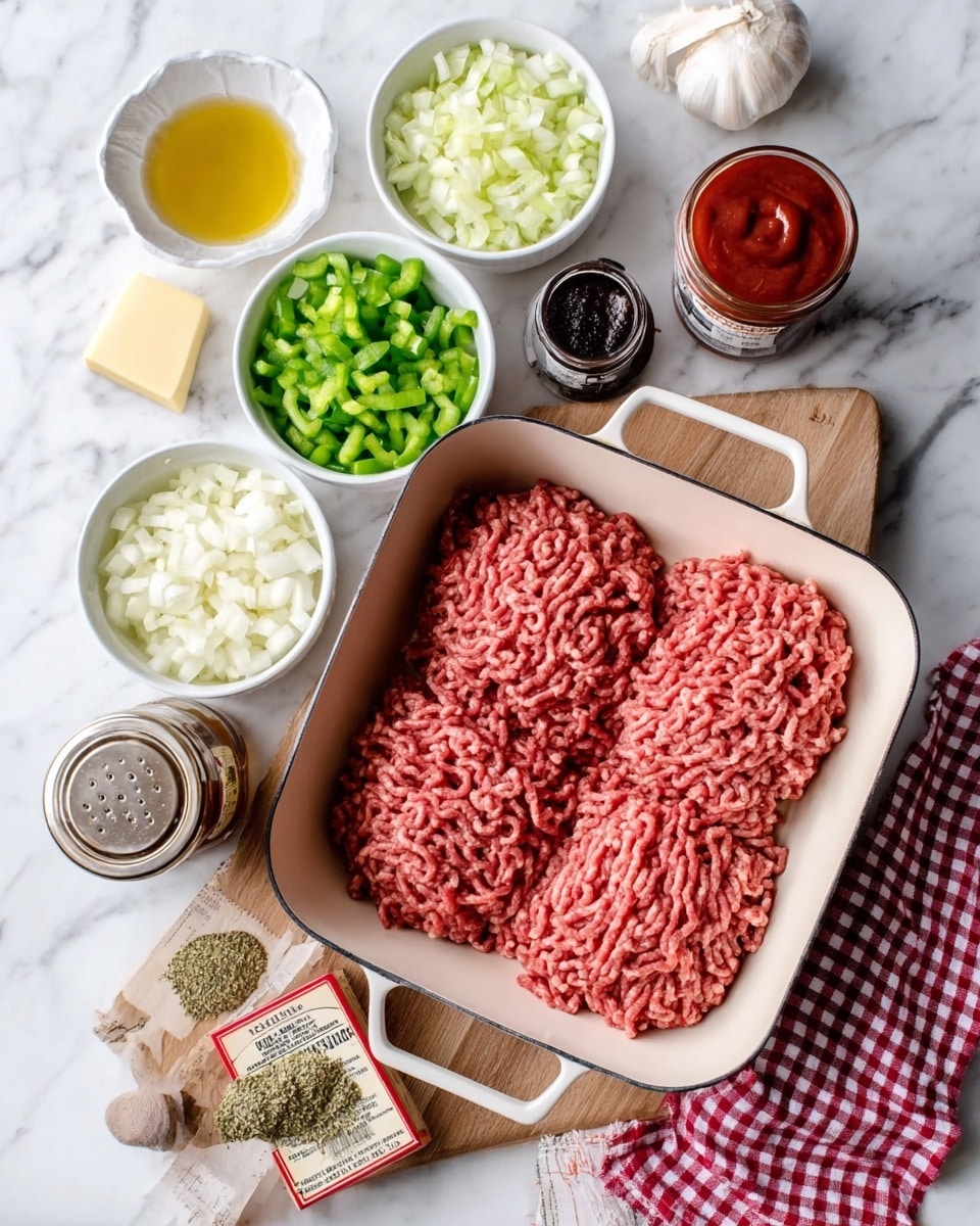 The image shows a white pan with two large portions of raw ground meat inside, placed on a white marbled surface. Around the pan, there are several small white bowls containing different ingredients: chopped green bell peppers, diced white onions, a dark sauce, red tomato sauce, and a brown seasoning jar with a white lid. There are also some small amounts of butter, mustard, and dried herbs placed directly on the wooden board next to the pan. A red and white checkered cloth is partially visible under the pan. Photo taken with an iphone --ar 4:5 --v 7