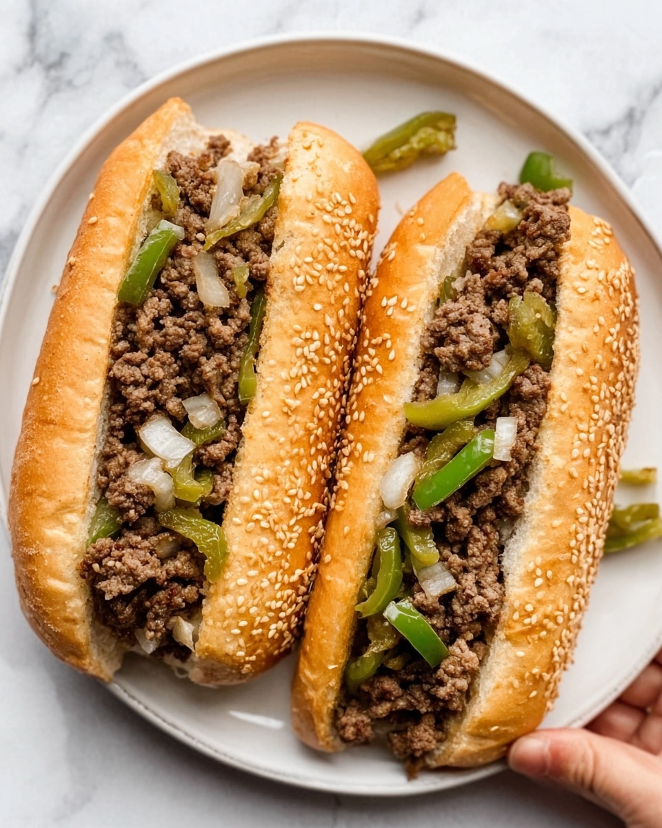 The image shows a white plate holding two long sandwich buns with sesame seeds on top. Inside each bun, there is a layer of cooked ground beef mixed with small, roughly chopped green peppers and white onion pieces. The buns are cut open and filled evenly with the beef mixture. The plate is set on a white marbled surface, and part of a woman's hand is slightly visible near the edge of the plate. photo taken with an iphone --ar 4:5 --v 7