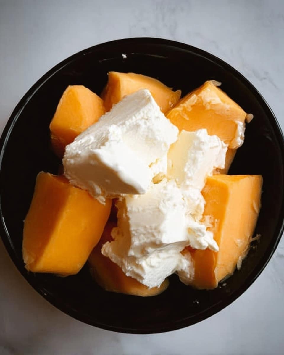 A close-up top view of a black bowl filled with large, smooth, orange chunks at the bottom and thick white soft cheese pieces layered on top. The cheese has a creamy texture with some small curls and uneven edges, contrasting the firm orange chunks beneath. The bowl sits on a white marbled surface. photo taken with an iphone --ar 4:5 --v 7