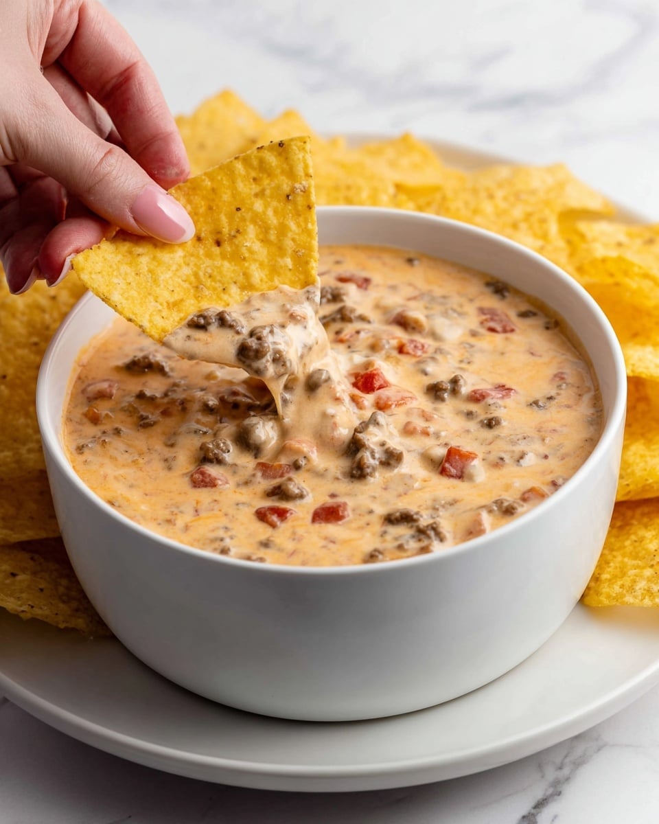 A white bowl filled with thick, creamy cheese dip mixed with small brown meat pieces and small red tomato bits. A woman's hand holds a large, triangular yellow tortilla chip, dipping it into the cheese dip, causing the dip to cling to the chip. The bowl sits on a white plate over a white marbled surface, with more tortilla chips blurry in the background. photo taken with an iphone --ar 4:5 --v 7