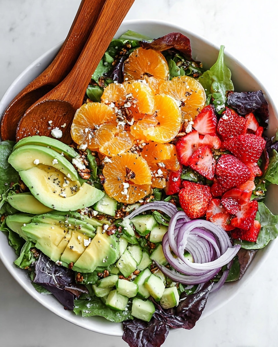 A fresh salad is shown in a white bowl on a white marbled surface, layered with dark green and purple leafy greens as the base. On top of the greens are slices of avocado with a pale green color and creamy texture, bright orange mandarin segments, and vibrant red strawberry pieces. There are light green cucumber chunks scattered on one side, and thin rings of purple onion arranged around the perimeter. Chopped nuts and small crumbs of white cheese are sprinkled over all the layers, along with tiny black chia seeds. Two wooden salad spoons rest inside the bowl, partially covering some ingredients. Photo taken with an iphone --ar 4:5 --v 7