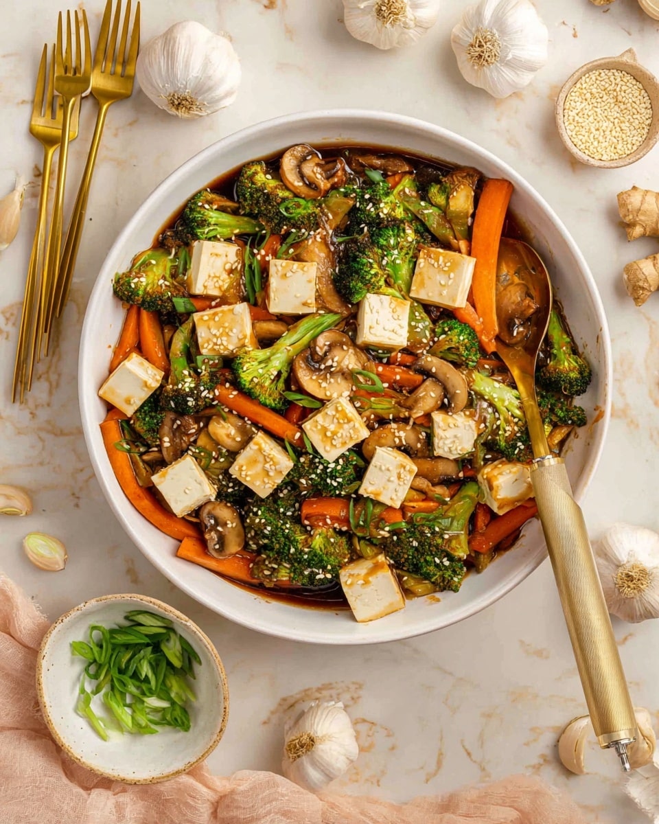The image shows a white bowl filled with a colorful stir-fry dish. The dish has several visible layers: large cubes of light yellow tofu scattered on top, bright green broccoli florets, orange carrot sticks, and light brown sliced mushrooms. The vegetables and tofu are coated in a shiny dark brown sauce and garnished with small white sesame seeds and thin slices of bright green onions. A wooden spoon with a gold handle is resting inside the bowl. Around the bowl, there are whole garlic bulbs, garlic cloves, a small white dish of sesame seeds, fresh ginger, and a small white bowl with green onion slices on a white marbled surface. Three gold forks are placed near the top left. photo taken with an iphone --ar 4:5 --v 7