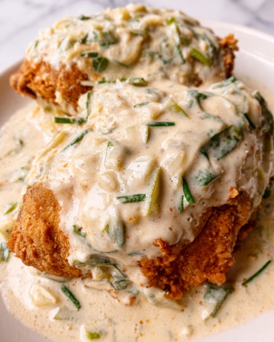 The image shows two pieces of golden brown fried chicken partially covered with a thick, creamy white gravy that has visible bits of herbs and small chunks, likely onions. The fried chicken has a crispy texture with a rough surface visible where the gravy does not cover it. The gravy layer is smooth and spread unevenly over the chicken, with green herb pieces and small translucent chunks distributed throughout. The dish is photographed on a white marbled surface. photo taken with an iphone --ar 4:5 --v 7