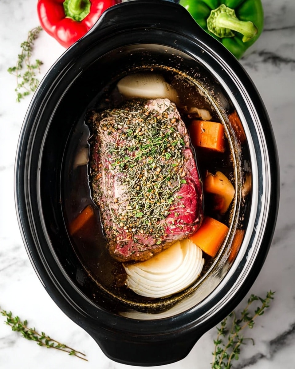 A top view of a black slow cooker placed on a white marbled surface with green and red bell peppers and sprigs of herbs around it. Inside the cooker, a large piece of raw meat sits in the middle, covered with green and brown dried herbs. Surrounding the meat, there are thick pieces of white onion and large orange chunks, all sitting in a dark brown liquid broth that almost fills the cooker. The meat looks raw with a reddish color underneath the herbs. photo taken with an iphone --ar 4:5 --v 7