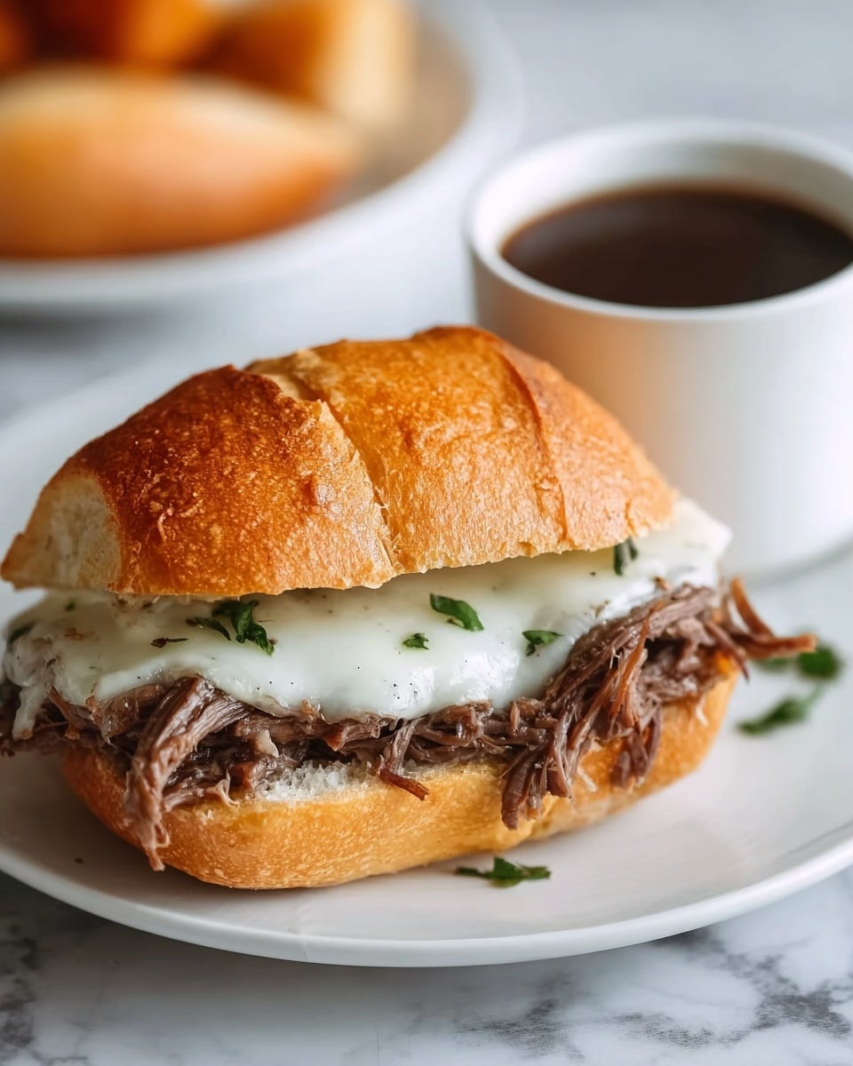 A close-up image of a sandwich on a white plate showing three main layers: the top layer is a golden-brown crusty sandwich bun, slightly tilted up; the middle layer contains shredded dark brown meat that looks tender and moist; the layer under the meat is melted white cheese with a smooth, slightly stretchy texture, garnished with small green herb leaves. Behind the sandwich, there is a white cup filled with dark brown dipping sauce. The whole scene is set on a white marbled surface. photo taken with an iphone --ar 4:5 --v 7