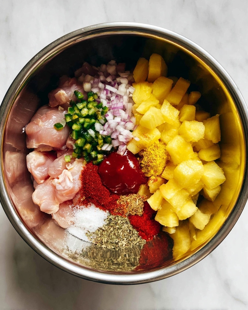 Inside a shiny silver metal bowl on a white marbled surface, there are several layers of ingredients arranged. The bottom layer shows raw pink chicken pieces. On top, to the right, is a large pile of bright yellow pineapple chunks. Below the pineapple are small diced light purple shallots. To the left of the pineapple chunks, there are finely chopped green jalapeños. In the center, there are small piles of reddish paprika powder, brown spices, white salt, and a dollop of bright red ketchup. The shiny inside of the bowl reflects some of the ingredients, adding depth to the view. photo taken with an iphone --ar 4:5 --v 7