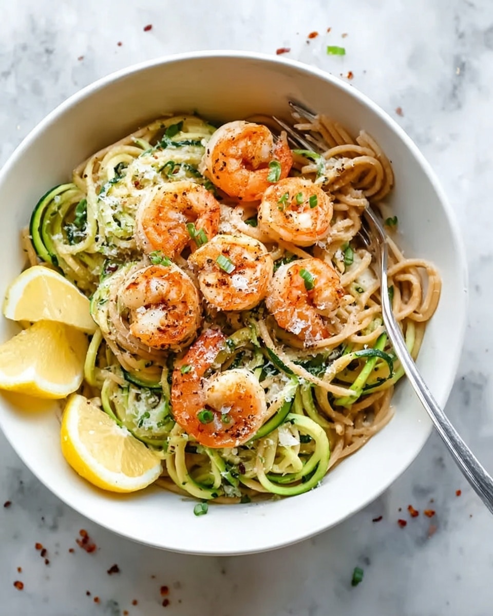 A white bowl filled with two layers of noodles: the bottom layer has light brown spaghetti, and the top layer has pale green zucchini noodles shaped in spirals and rings, mixed evenly. On top, five bright orange cooked shrimp with white highlights are spread out, each shrimp showing slight grill marks. The dish is sprinkled with small green herb pieces and a light dusting of grated white cheese. A silver fork rests inside the bowl, touching the noodles. Two lemon wedges sit outside the bowl on a white marbled surface with a few scattered red pepper flakes. Photo taken with an iphone --ar 4:5 --v 7