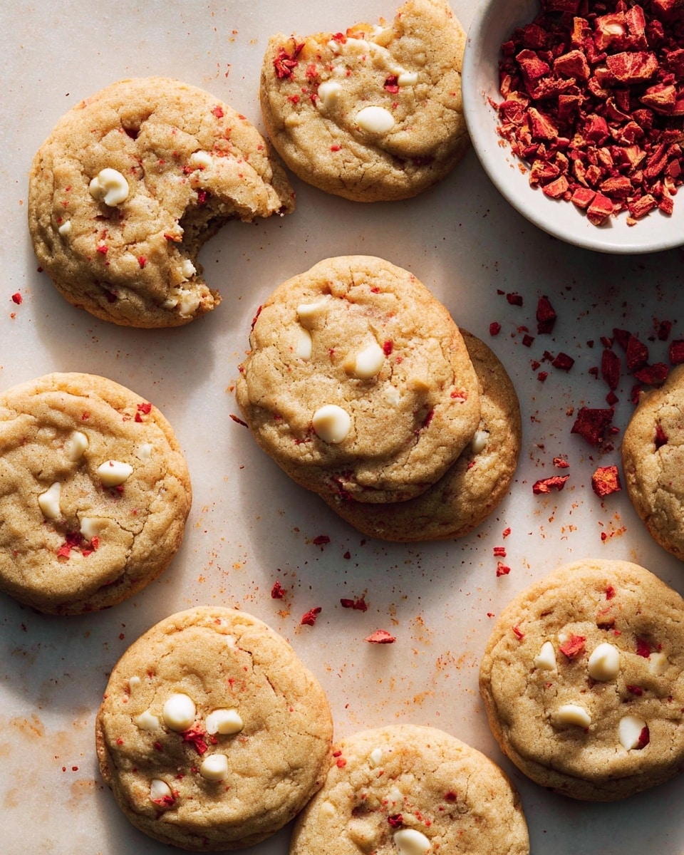 The image shows nine round cookies with a light golden-brown color and a slightly rough texture. Each cookie has visible white chocolate chips scattered inside, giving a slightly bumpy surface. There are small red bits mixed throughout the cookies, adding speckles of bright red color. One cookie near the top center has a bite taken out of it, showing a soft, chewy inside. The cookies are placed on a flat surface with a white marbled texture. On the right side, there is a white bowl filled with red pieces, possibly dried fruit or candy, with some red crumbs scattered around the surface. The lighting is natural and bright, highlighting the texture of the cookies. photo taken with an iphone --ar 4:5 --v 7