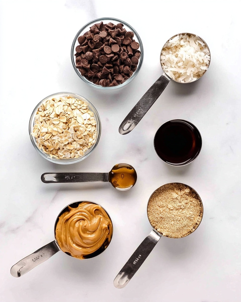 Seven measuring cups and spoons with different ingredients are arranged on a white marbled surface. From top left clockwise: a glass bowl with dark brown chocolate chips, a 1-cup metal cup with shredded toasted coconut that is light beige with some golden brown bits, a 1-teaspoon metal spoon with a few drops of dark vanilla extract, a ½-cup metal cup filled with creamy peanut butter in a light golden brown color with smooth swirls on top, a ½-cup metal cup filled with pale yellow rolled oats, a 1/3-cup metal cup with a dark golden brown liquid syrup, and a ½-cup metal cup containing a fine, light brown grainy mixture. All items are neatly spaced out on the surface. Photo taken with an iphone --ar 4:5 --v 7