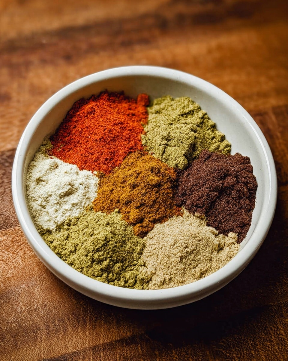 A white bowl filled with six small piles of different powdered spices. The spices have various colors: two piles are bright orange-red, two are shades of green, one is light tan, and one is dark brown. The spices have a soft, powdery texture and are placed close but not mixed, creating a colorful pattern inside the bowl. The bowl sits on a wooden surface with a rich brown tone. Photo taken with an iphone --ar 4:5 --v 7