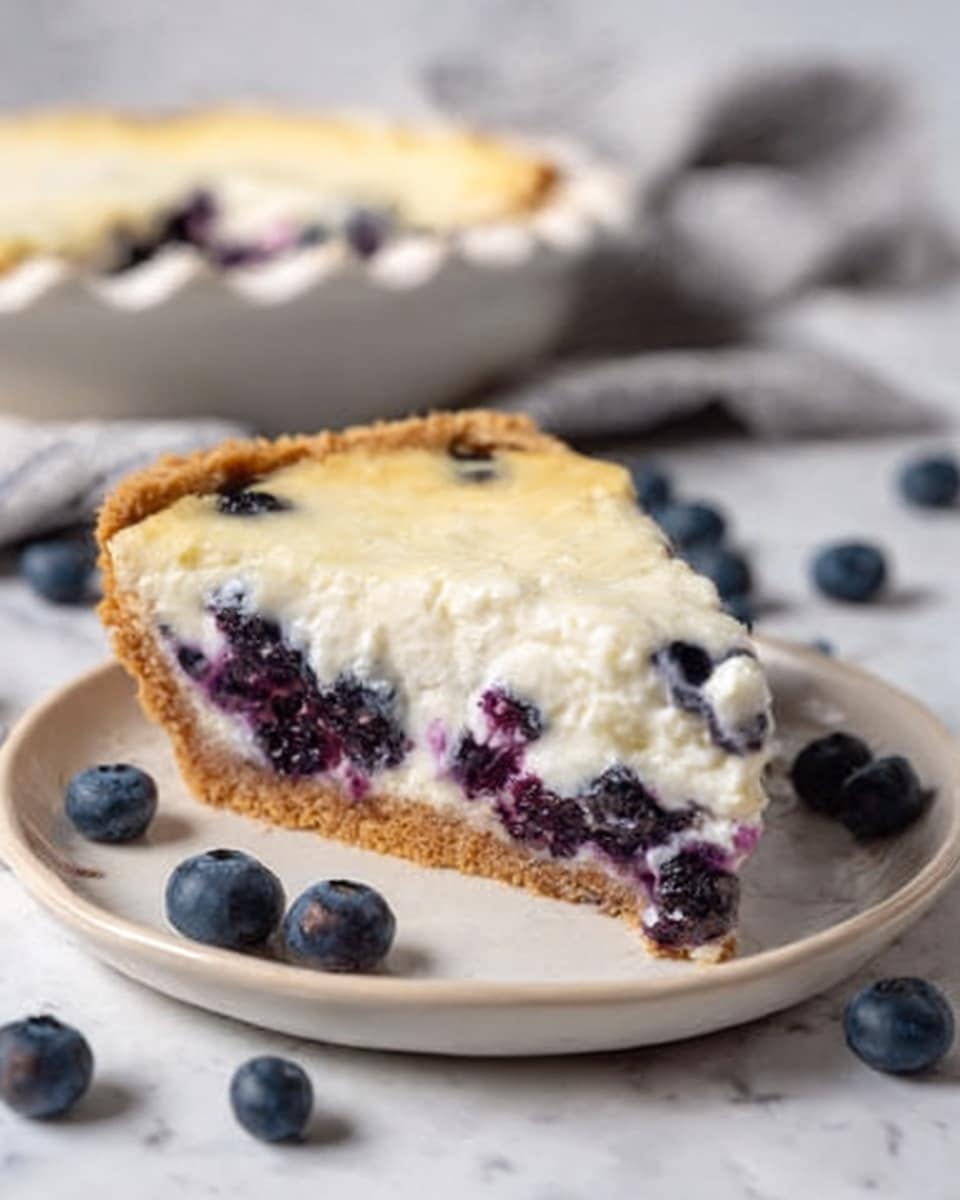The image shows a slice of blueberry pie on a small, white plate. The pie has three layers: a golden brown crust at the bottom with a rough texture, a thick layer of creamy white filling mixed with whole blueberries in the middle, and a golden, slightly crispy top crust. The crust edges are smooth and slightly raised. There are fresh blueberries scattered around the plate on a white marbled surface. In the background, a part of the whole pie is visible in a white ceramic dish. The lighting is natural and soft. Photo taken with an iphone --ar 4:5 --v 7