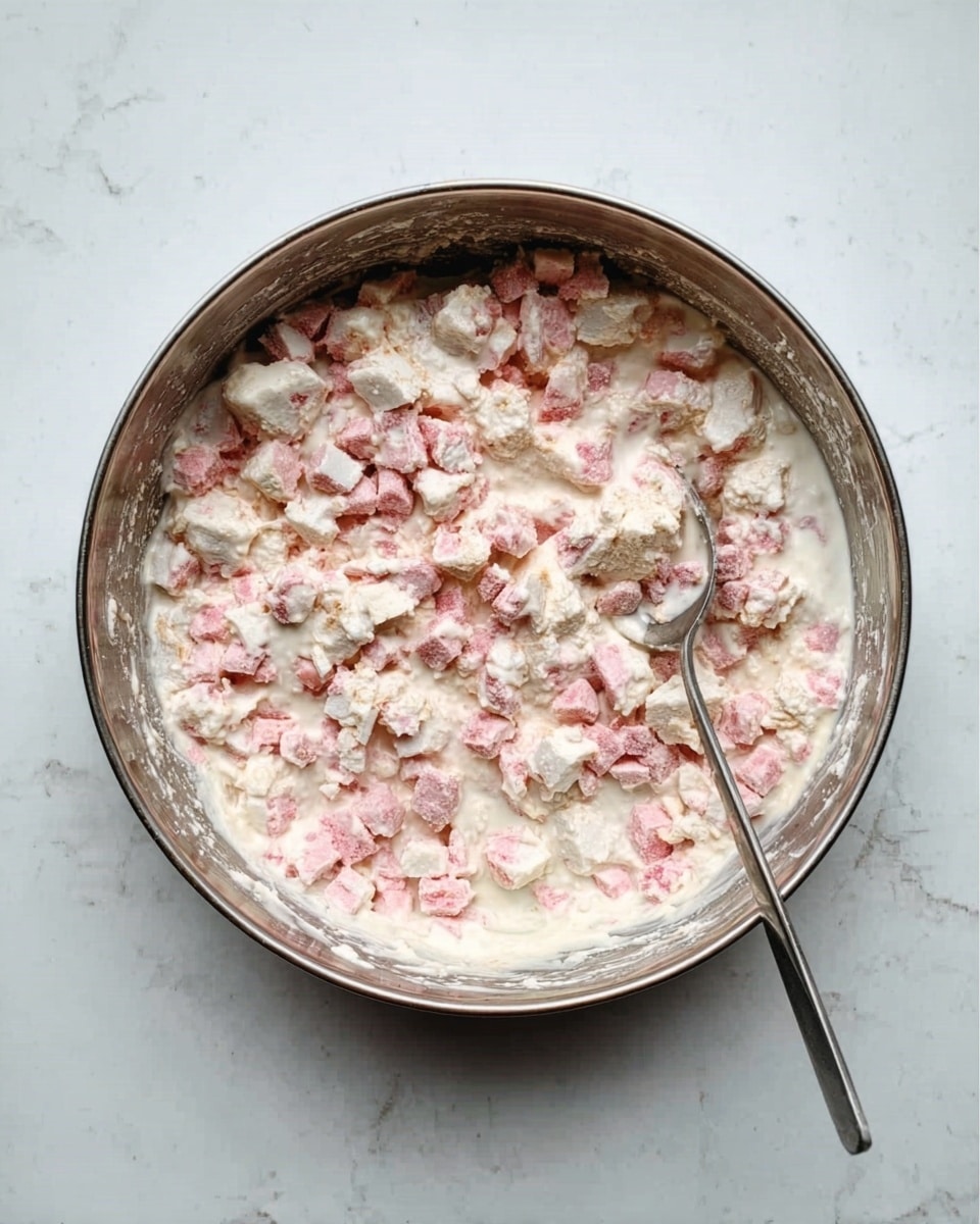 A round metal bowl containing a mixture with a rough texture, composed of small pink and white chunks evenly spread throughout a white creamy base. A spoon is placed inside the bowl on the right side, partially submerged in the mixture. The bowl is placed on a white marbled surface. photo taken with an iphone --ar 4:5 --v 7
