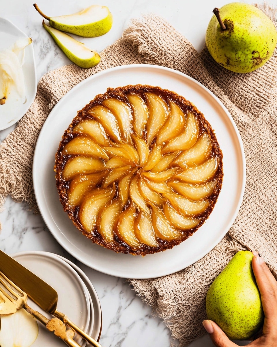 A round tart is centered on a white plate, showing a neat arrangement of pear slices on top forming a circular pattern with a glossy, caramelized finish. The base layer beneath the pear slices is dark brown and textured, likely a crumb or nut layer. The tart sits on a light brown woven cloth atop a white marbled surface. To the right of the plate, a woman's hand gently holds a whole green pear with some brown spots. Nearby are wooden forks and a white plate stacked together. On the left side, a gold-colored cake server is placed on the cloth, with a whole pear and a few thin pear slices beside it. Photo taken with an iphone --ar 4:5 --v 7