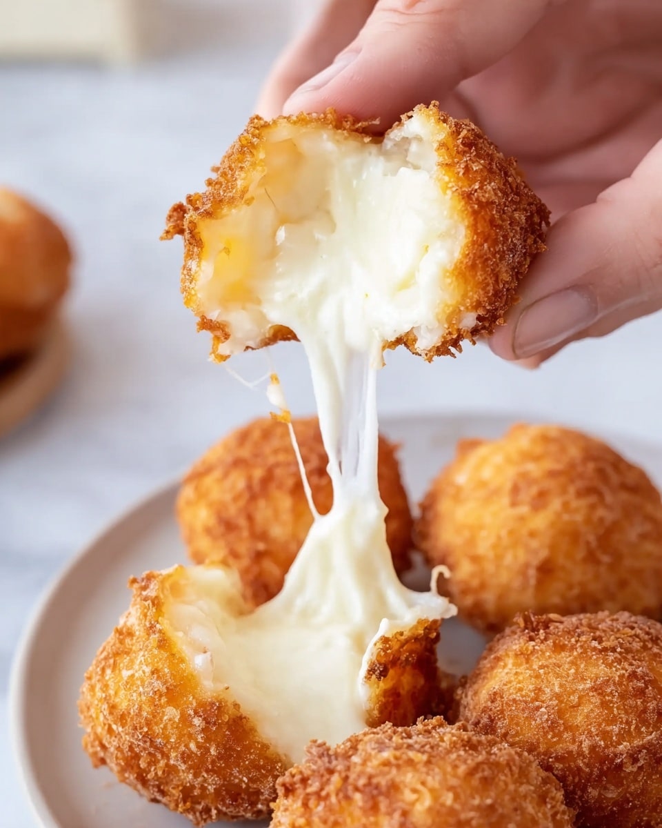 A close-up image shows two woman's hands pulling apart a golden brown, crispy fried ball with melted white cheese stretching between the two halves. The ball has a crunchy, textured outer layer and the inside is filled with soft, gooey melted cheese. In the background, a white plate holds several more of these golden balls, all resting on a white marbled surface. The cheese stretches long and thin as the ball is pulled apart, showing its creamy texture inside. photo taken with an iphone --ar 4:5 --v 7