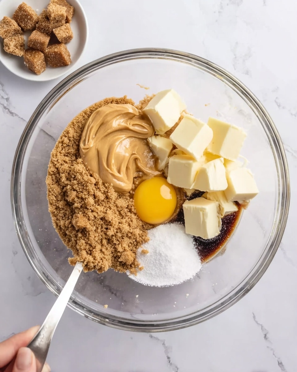 The image shows baking ingredients laid out on a surface with a white marbled texture. There are scattered dark brown coffee beans around the setup, adding texture and color contrast. In the center right is a white bowl filled with a heap of white powdered sugar. Below it, a wrapped light yellow stick of unsalted butter lies next to a metal measuring cup filled with white flour. A smaller white ceramic measuring spoon holds a dark brown liquid vanilla extract. To the center left, there is a white ceramic measuring cup filled with cocoa powder, and nearby a small clear glass bowl holds a white liquid, possibly milk. Two white eggs are placed close together near the bottom center. In the bottom left, there are two small clear bowls—one with a small amount of white powder and the other with brown powder, likely spices. A metal measuring cup with white sugar is in the lower middle part of the image. The overall scene is neat with colors mainly white, brown, and yellow, giving a clean, simple look. photo taken with an iphone --ar 4:5 --v 7