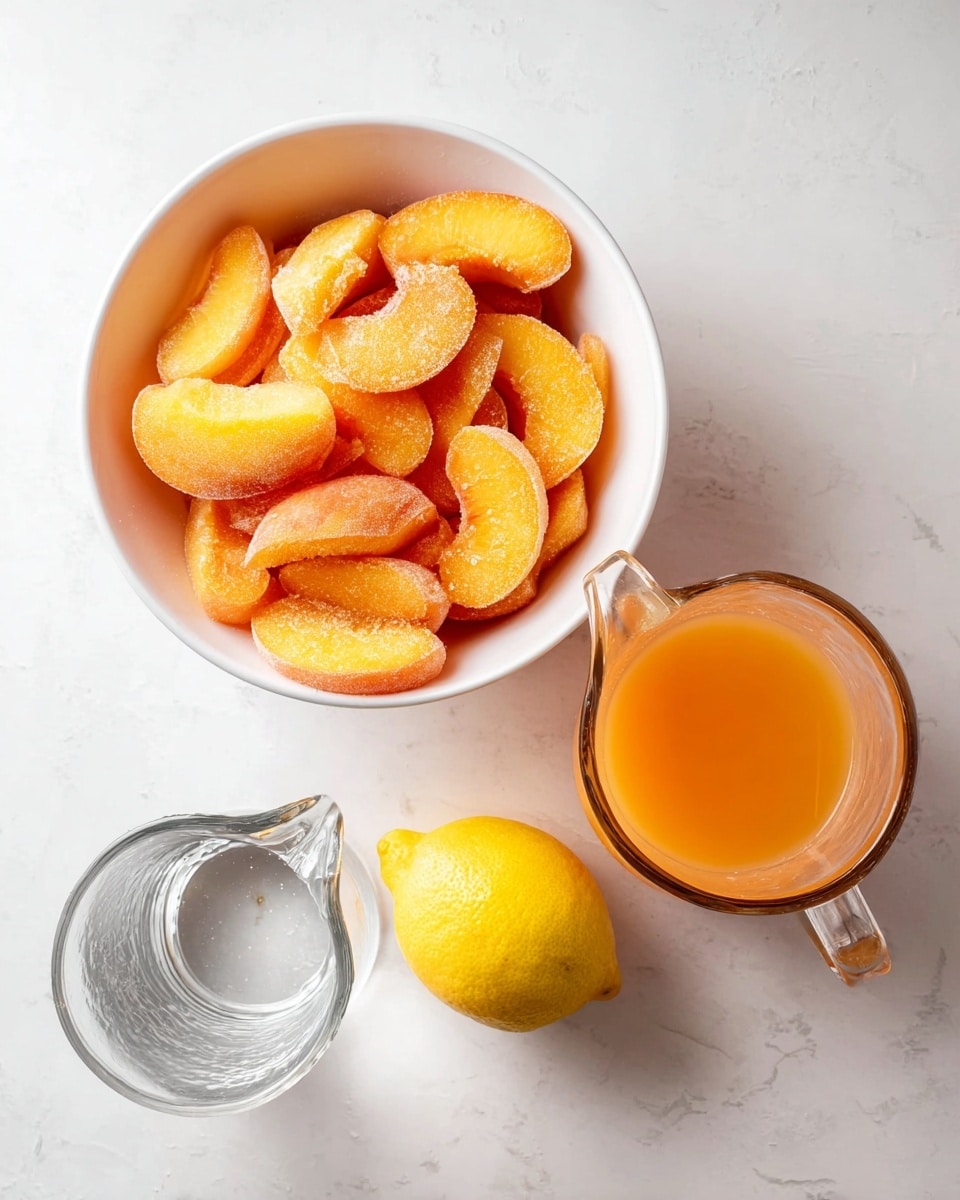 A white bowl filled with frozen sliced peaches showing frost on their bright orange and yellow skin. To the lower right of the bowl, there is a small clear glass pitcher filled with thick orange liquid. To the lower left of the bowl, there is a clear glass pitcher filled with water. Below these pitchers lies a whole yellow lemon. All items are placed on a clean white marbled surface. Photo taken with an iphone --ar 4:5 --v 7
