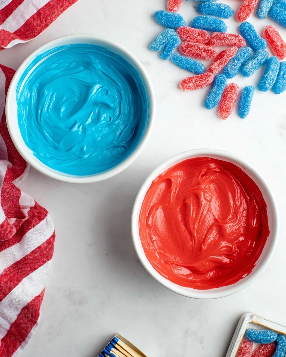 Two white bowls sit on a white marbled surface, one bowl filled with smooth, bright blue frosting and the other with smooth, vibrant red frosting. To the right, there is a scattered pile of small, two-toned blue and red gummy candies coated in sugar. In the top left corner, a red and white striped cloth is partially visible. A small box of matchsticks is also seen near the bottom edge of the image. photo taken with an iphone --ar 4:5 --v 7