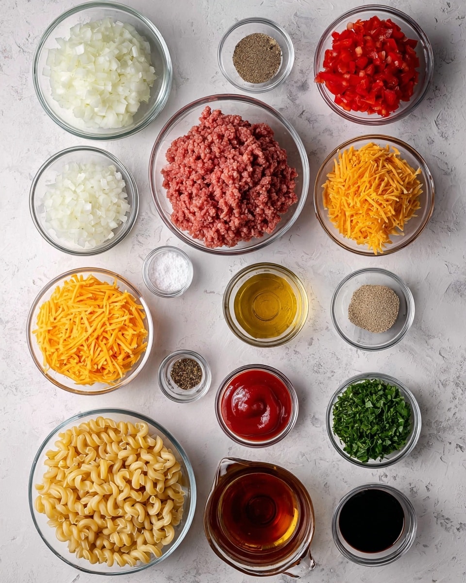 The image shows a collection of ingredients arranged neatly on a white marbled surface. There are a total of 15 clear glass bowls and measuring cups with different ingredients inside. Starting from the top center, a large bowl holds finely chopped white onions, below it to the left is a large bowl of raw ground meat with a reddish-pink color, and to the right of the meat is a smaller bowl filled with finely chopped red bell pepper. Below the bell pepper is a medium bowl of shredded cheddar cheese, next to it on the right is a small bowl with red ketchup-like sauce. To the far right near the bottom is a small bowl with chopped fresh green herbs. Just below the onions and to its right is a clear measuring cup with a dark amber liquid. Near the center left is a tiny bowl with pale yellow oil, below it is a small bowl of vibrant red tomato paste. Above the herbs, there are smaller bowls with dry seasonings including ground black pepper, salt, and two types of red spices, and one more yellowish powder. Near the center bottom sits a medium bowl of uncooked elbow macaroni pasta. To the right of the macaroni is a small bowl with dark liquid sauce. Everything is placed on a white marbled surface, arranged in a clean and clear layout. Photo taken with an iphone --ar 4:5 --v 7