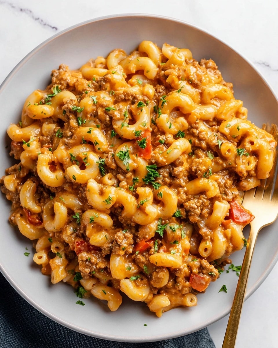 A close-up of a plate filled with macaroni pasta mixed with ground meat and small pieces of red bell pepper, all coated in a creamy orange sauce. The macaroni is curved and soft-looking, evenly mixed with the brown, crumbly meat and the bright bits of pepper. The dish is sprinkled with fresh green parsley, adding a touch of color. A gold fork is partly inserted into the pasta on the right side of the white plate, resting on a white marbled surface. Photo taken with an iphone --ar 4:5 --v 7