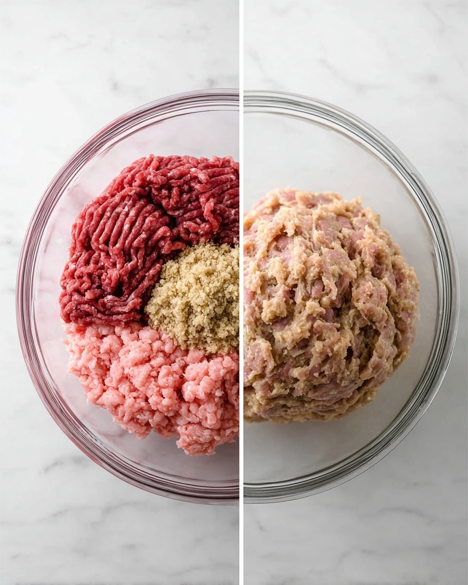 The image shows two side-by-side photos of a clear glass bowl on a white marbled surface. The left photo has three raw meat layers inside the bowl arranged in a circular pattern: the top right layer is dark red ground meat, the bottom right layer is light pink ground meat, and the left layer is a beige crumbly mixture. The right photo shows the same bowl with all the layers mixed together into a single, round, pale pink and beige textured meat mixture. Photo taken with an iphone --ar 4:5 --v 7