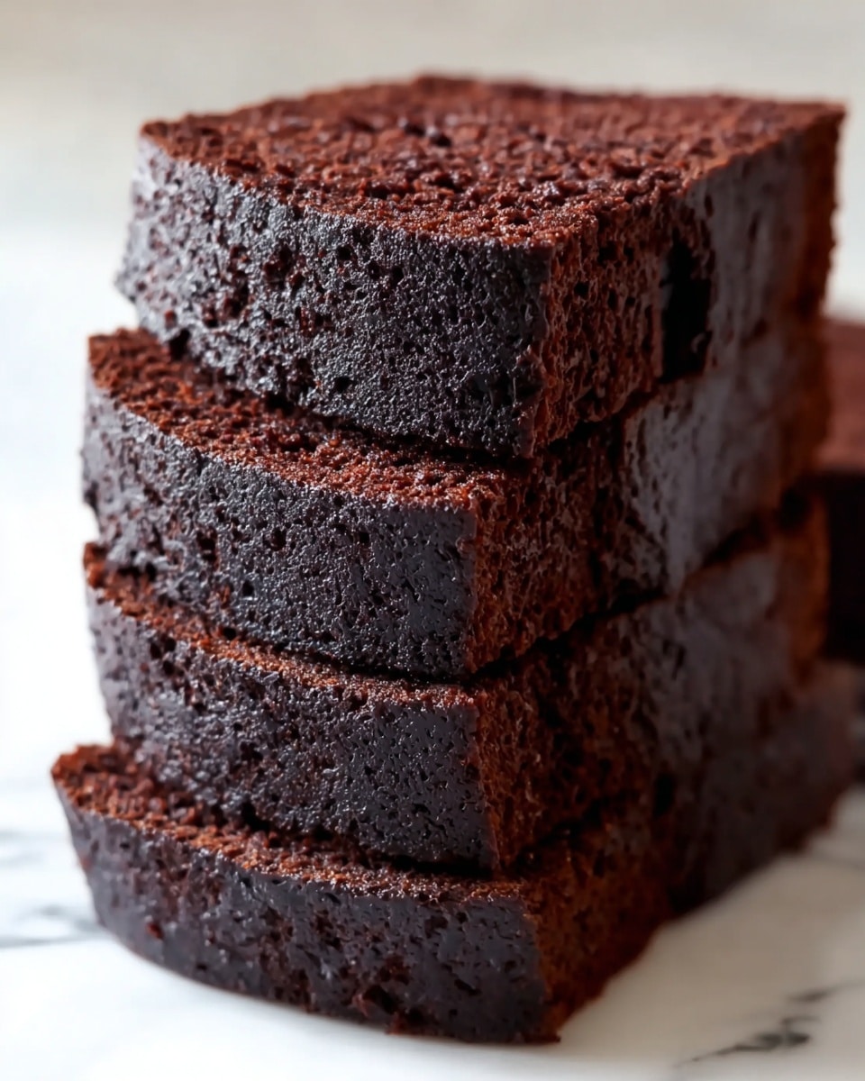 A stack of five thick slices of dark brown chocolate cake with a moist and slightly crumbly texture is shown. The cake slices are stacked neatly, each layer showing the dense and rich crumb inside, with a rough dark brown crust on the outside. The background features a white marbled texture, softly lit to highlight the deep color of the cake. Photo taken with an iphone --ar 4:5 --v 7