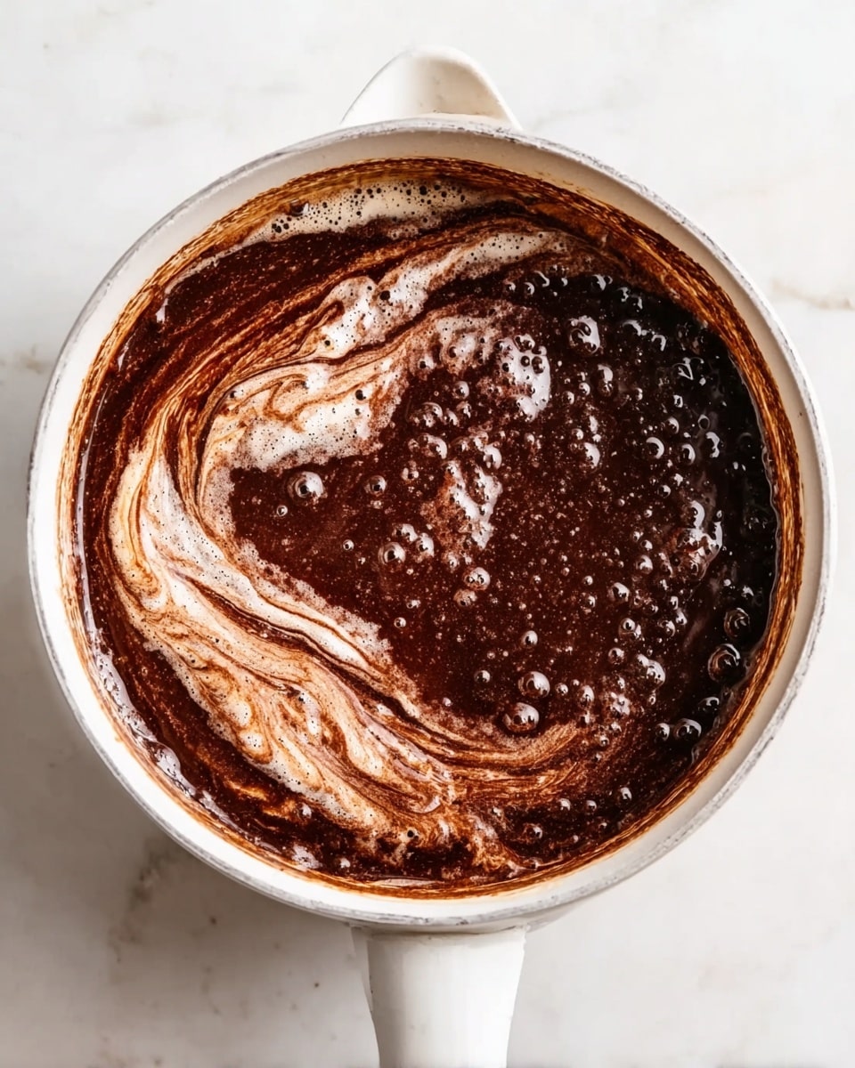 A white saucepan filled with a rich, dark chocolate mixture swirled with light, creamy marshmallow fluff, creating a marbled effect with smooth and glossy textures. The chocolate layer is deep brown with tiny bubbles around the edges, while the marshmallow fluff is a soft white and light tan, gently folded in without fully blending. The scene is set on a white marbled surface, highlighting the contrast and shine of the mixture inside the saucepan photo taken with an iphone --ar 4:5 --v 7