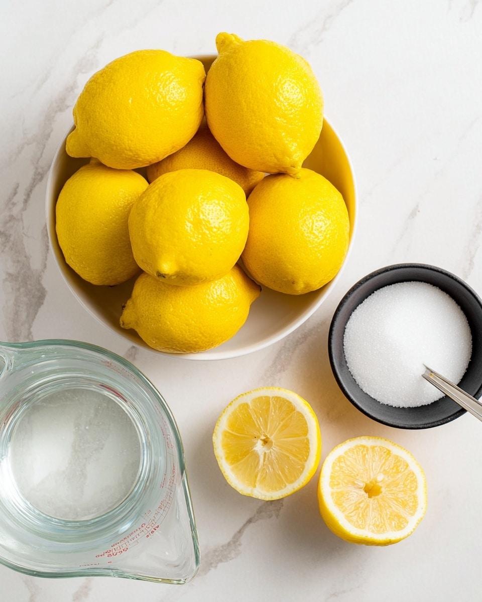 A white bowl filled with seven whole bright yellow lemons with a slightly textured peel sits on a white marbled surface. Below the bowl are two lemon halves showing juicy, pale yellow interiors with visible seeds. To the right of the bowl, there is a black measuring cup filled with white granulated sugar, and in the lower left corner, there is a clear glass measuring cup containing clear water. The overall scene has a clean, fresh look with vibrant yellow lemons as the main focus. Photo taken with an iphone --ar 4:5 --v 7