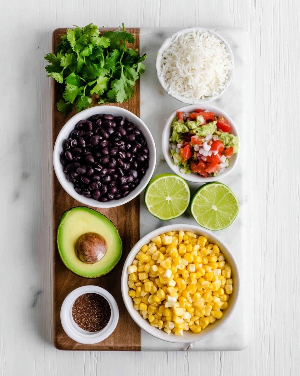 A white marbled rectangular board holds several ingredients arranged neatly: on the top right, a small white round bowl filled with white rice; below it, two lime halves with bright green skin and pale green inside; next to the limes, a tiny white bowl with a mix of diced tomatoes, onions, and green peppers; below that, a larger white bowl packed with bright yellow corn kernels; to the left, in the middle left side, a halved avocado showing its light green creamy inside and dark green skin; above the avocado, a white bowl filled with shiny black beans; on the top left corner, a small bunch of fresh green cilantro leaves; and at the bottom left, a small white container holding dark brown ground spices. The wooden and white marbled texture of the board contrasts with the vibrant colors of the food. photo taken with an iphone --ar 4:5 --v 7