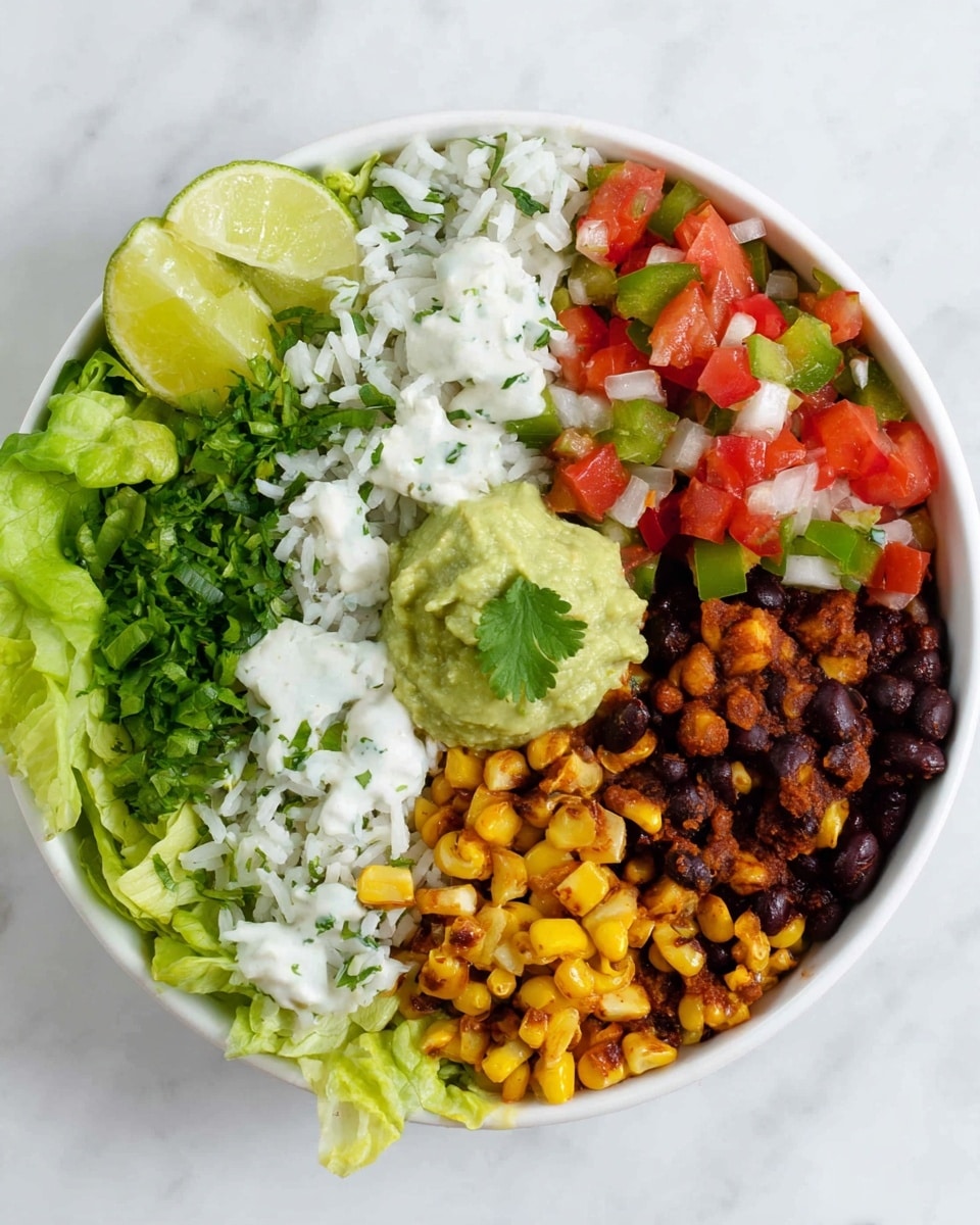 A white bowl is filled with five different sections: on the top left is white rice mixed with small green herb pieces, next to it on the right is a mix of diced red tomatoes, green peppers, and white onions, giving a fresh, colorful look; below the rice and tomato layers is a bright green leafy lettuce; at the bottom right sits a warm mix of roasted yellow corn and black beans with small bits of cooked onion and spices, showing a rich, cooked texture; between the lettuce and roasted mix are two small scoops, one light green guacamole and one light cream sour cream, topped with a small sprig of cilantro; near the bottom left edge of the bowl are two lime wedges. The bowl rests on a white marbled surface. photo taken with an iphone --ar 4:5 --v 7