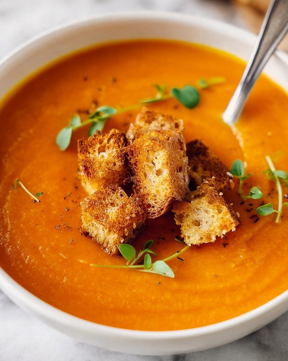 A white bowl filled with smooth, thick orange soup covering the bottom and middle layers. On the top, there are six crunchy golden-brown croutons with a slightly rough texture, placed close together. Small green herb leaves are spread around the croutons, adding a fresh touch. A metal spoon is partly dipped into the soup near the bowl edge. The surface beneath is a white marbled texture. photo taken with an iphone --ar 4:5 --v 7