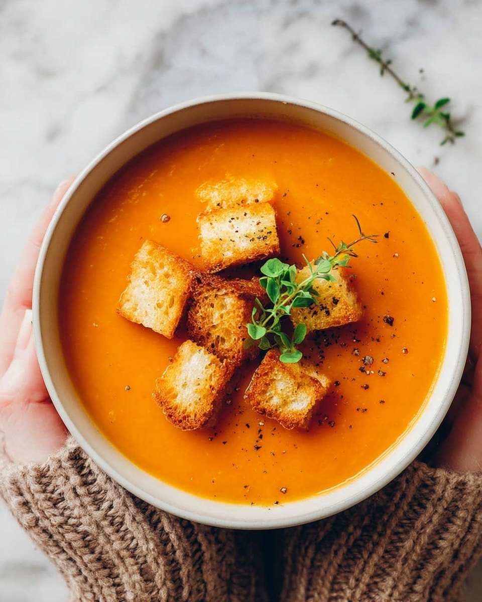 A white bowl filled with smooth, bright orange soup occupies the center, topped with five golden brown toasted bread pieces arranged roughly in the middle. Bright green sprigs of fresh herbs rest on top of the bread, adding a fresh touch. Light black specks of pepper are scattered on the surface of the soup. A woman's hand, wearing a thick knitted beige sweater, holds the bowl gently from the side. The bowl is placed on a white marbled surface. Photo taken with an iphone --ar 4:5 --v 7