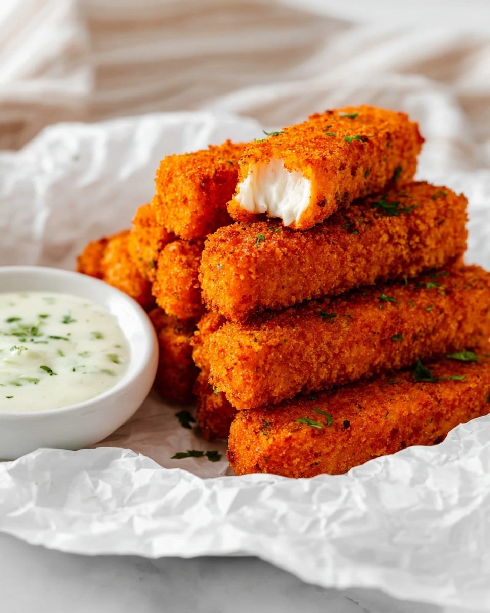 A stack of seven crispy orange-colored breaded sticks is placed on white crumpled paper, with one stick on top having a bite showing a white soft inside. Beside the stack, there is a small white bowl filled with a creamy white dipping sauce with green herb bits. The background features a soft striped cloth in light beige and white, all set on a white marbled surface. photo taken with an iphone --ar 4:5 --v 7