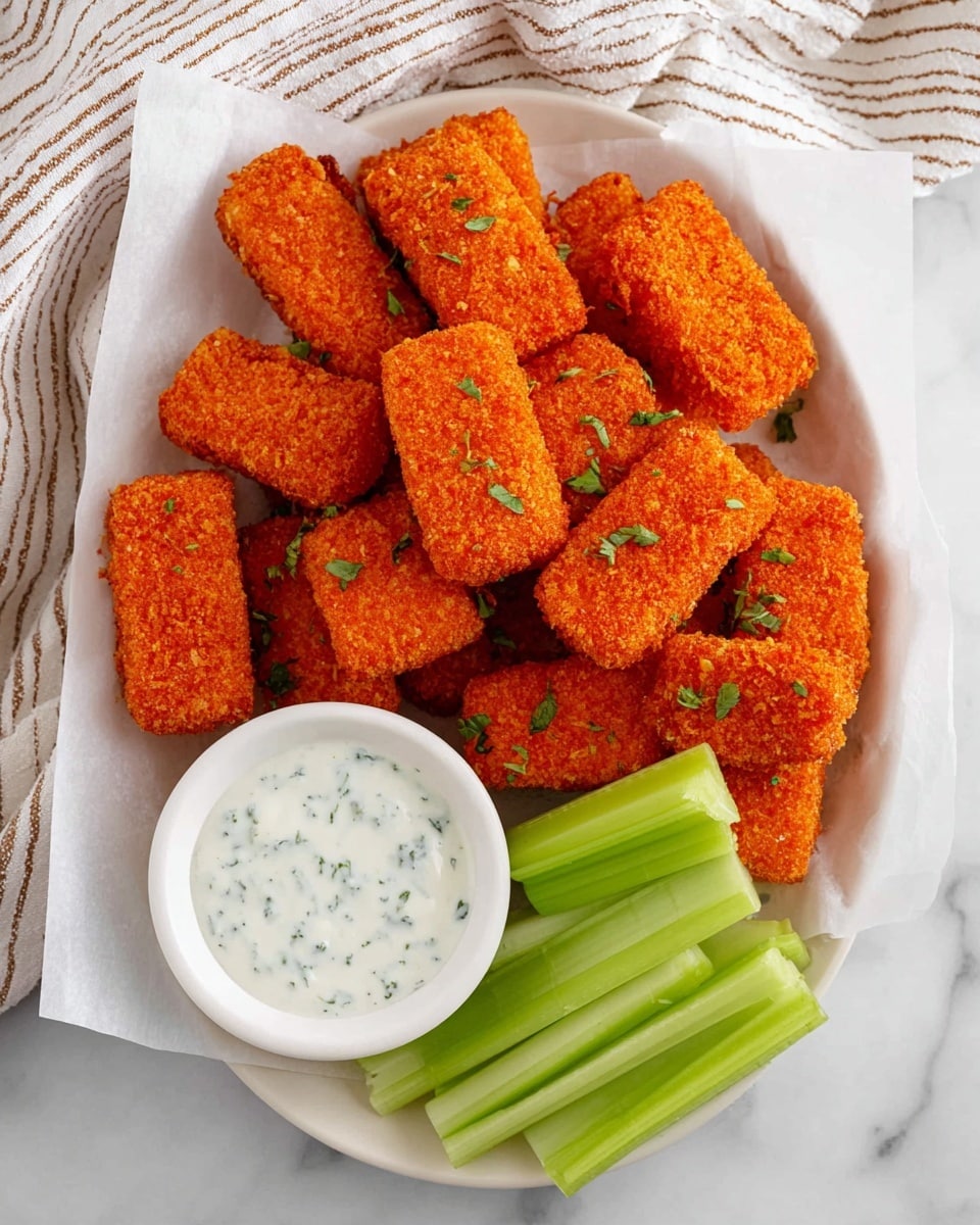 The image shows a white round plate lined with white paper, filled with about ten golden-orange rectangular crispy nuggets sprinkled with small green herb bits. To the right of the nuggets, there are several fresh light green celery sticks stacked neatly side by side. In the lower center part of the plate, a small white bowl holds thick white dipping sauce mixed with small green herbs. The plate sits on a white marbled surface with a striped white and light brown cloth draped in the background. photo taken with an iphone --ar 4:5 --v 7