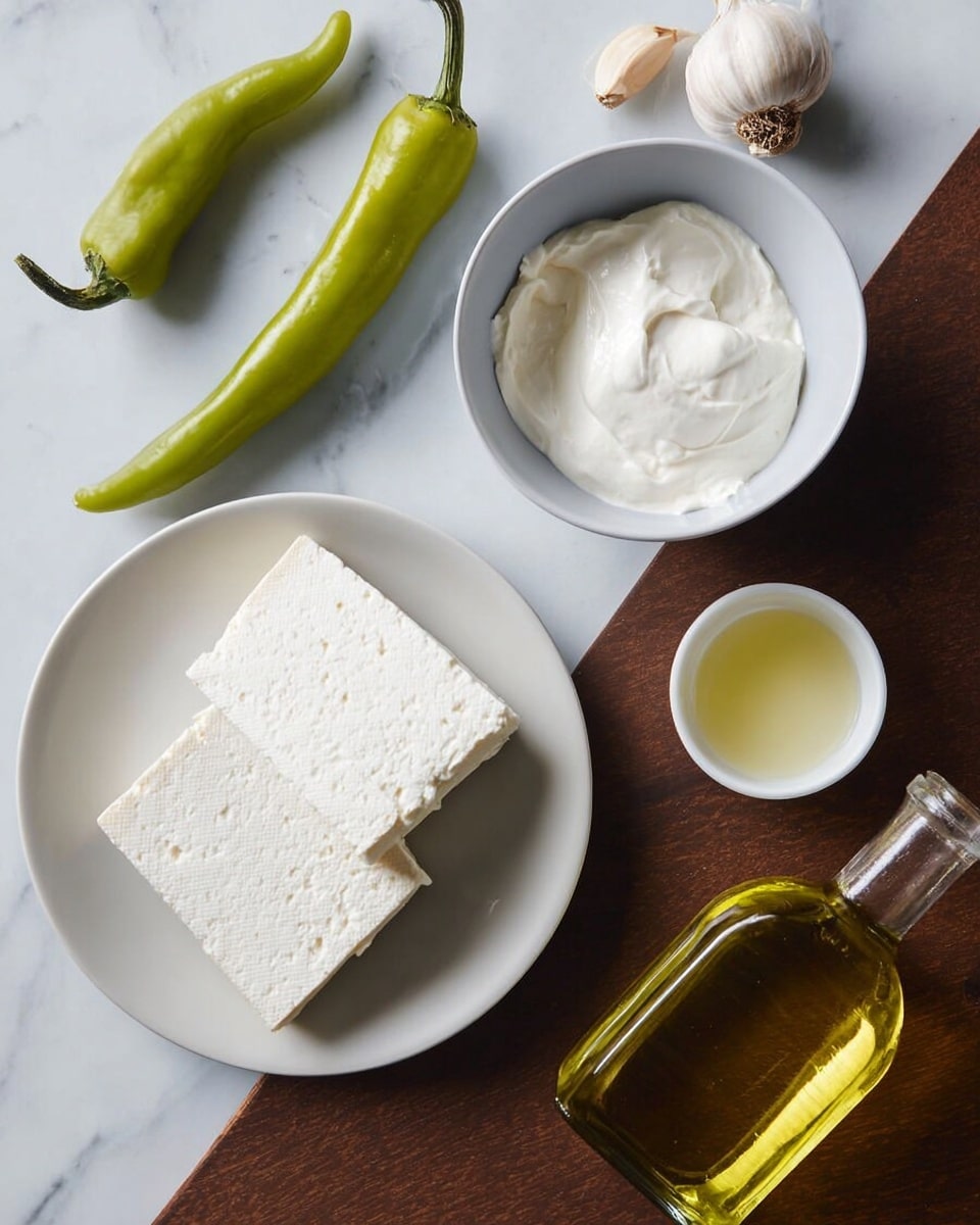 Two slices of white cheese with a rough texture lie flat in a white plate at the bottom. Above that, a white bowl holds a dollop of smooth white cream, slightly uneven on top. To the left, a pale green chili pepper curves diagonally on the white marbled surface. Near the chili is a small white bowl containing a light yellow liquid. On the right side next to the bowl are two bulbs of garlic with their light beige papery skins. A clear glass bottle filled with yellow oil is lying on its side to the right edge of the scene. photo taken with an iphone --ar 4:5 --v 7