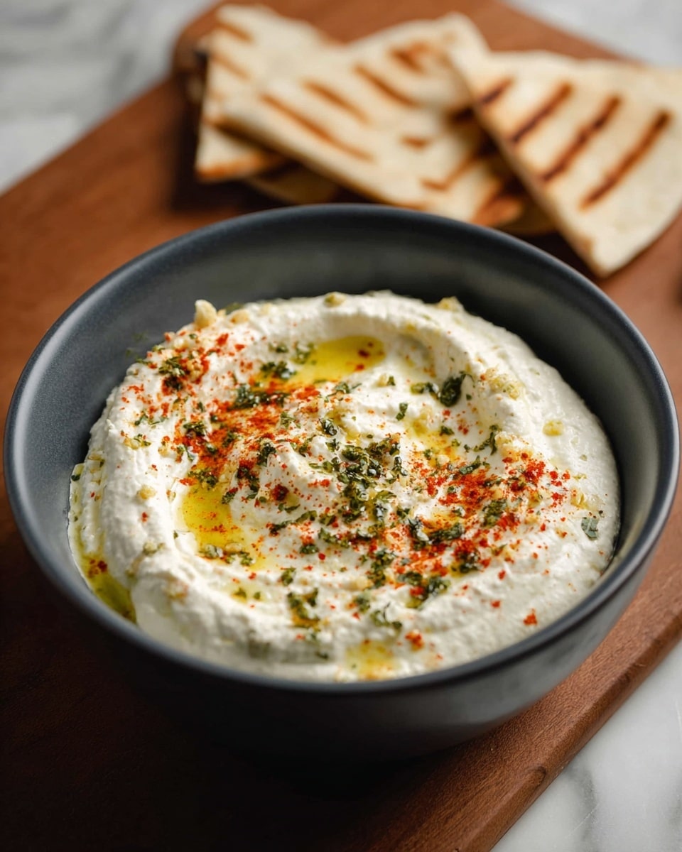 A dark gray bowl filled with a thick layer of white creamy dip that has a soft, fluffy texture. On top, there are swirls of golden oil, sprinkled with reddish-orange powder and small green herb flakes, evenly spread across the surface. In the background, there are small triangular pieces of flatbread with light brown grill marks placed on a wooden cutting board. The scene sits on a white marbled surface. photo taken with an iphone --ar 4:5 --v 7