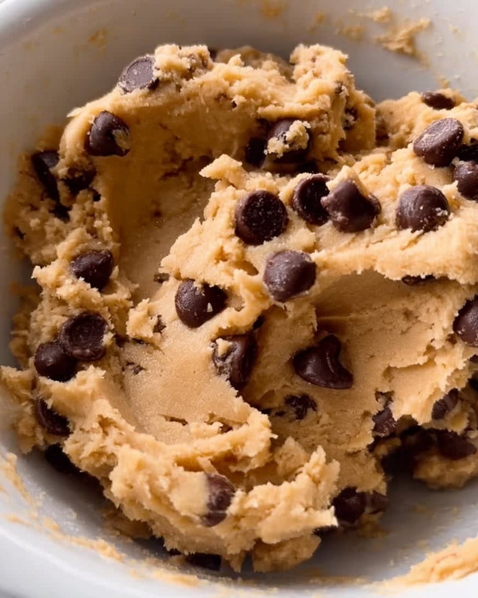 This image shows a close-up of thick, creamy light brown cookie dough with many dark brown chocolate chips mixed inside. The dough looks soft and chunky, with small ridges and uneven scoops. It sits inside a smooth white bowl that has a clean inner surface. The texture of the dough contrasts with the shiny, firm chocolate pieces scattered evenly throughout. The photo is well-lit, capturing the glossy chips and the dough’s dense, slightly rough texture. photo taken with an iphone --ar 4:5 --v 7