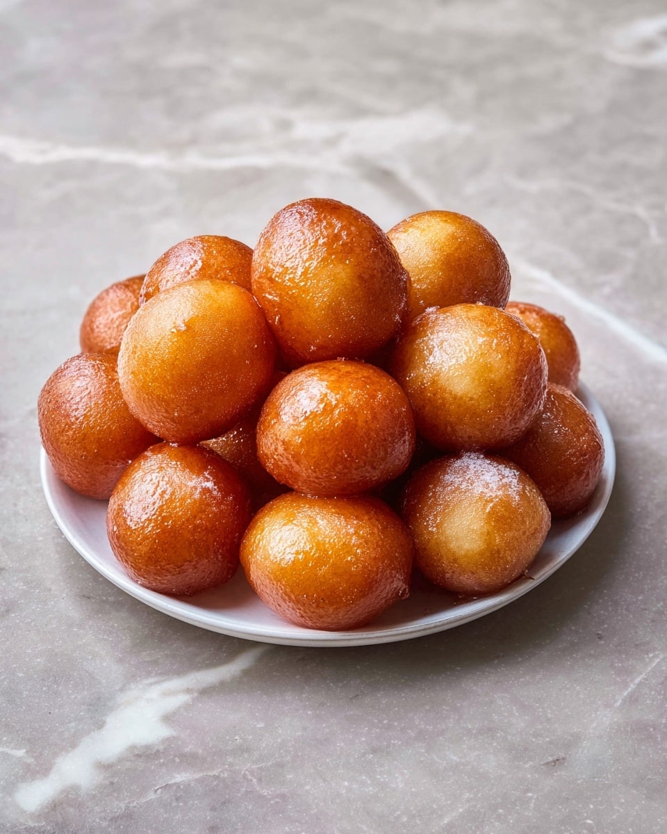 A pile of round, shiny, golden-brown fried dough balls fills a white plate, each ball smooth with a slightly crispy texture. The fried balls are stacked in a loose pyramid, showing a mix of slightly different sizes but all well rounded. The plate rests on a surface with a white marbled texture, adding a clean and bright look to the photo taken with an iphone --ar 4:5 --v 7